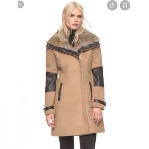 Andrew Marc wool fur coat trench camel